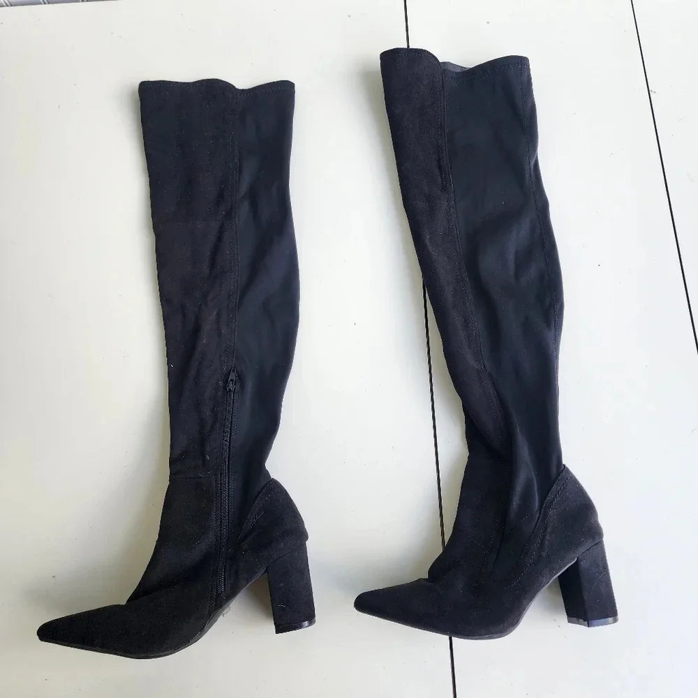 Wild Diva Black Faux Suede Over the Knee Boots Hells Zip Sz 7.5